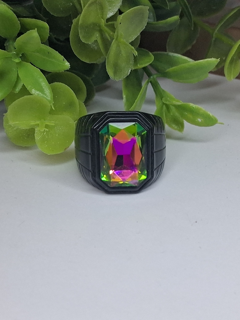 Black Men's Ring with Multicolor Mystic Oil Spill Stone